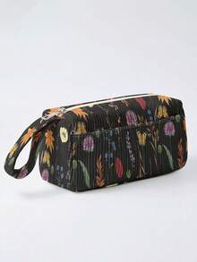 1pc Dark Floral Print Corduroy Foldable Pencil Case With Side Pocket And Handle, Multi-Purpose School And Travel Essential Storage Bag - Multicolor - View 6