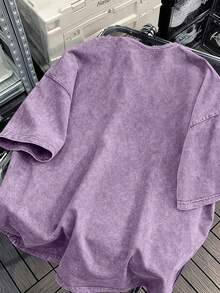 Vintage Washed Pure Cotton Men Crew Neck T Shirt Oversized Comfortable Daily Street Vacation All-Match Casual Basic Tee - 淡紫色 - 查看 4