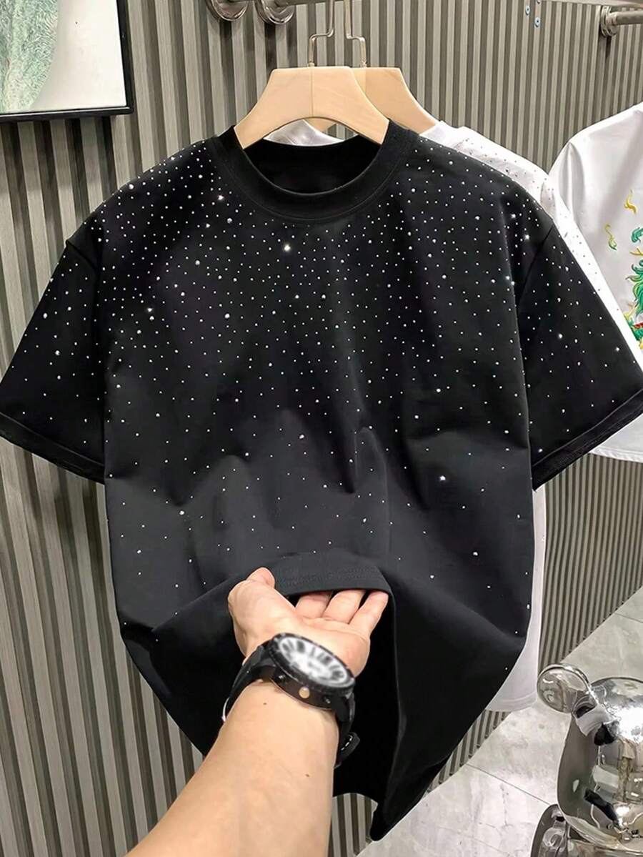 Camiseta informal de manga corta y cuello redondo de unicolor para hombres, con proceso de perforación caliente, nueva colección primavera/verano 2025, rave - Burdeos - Ver 1