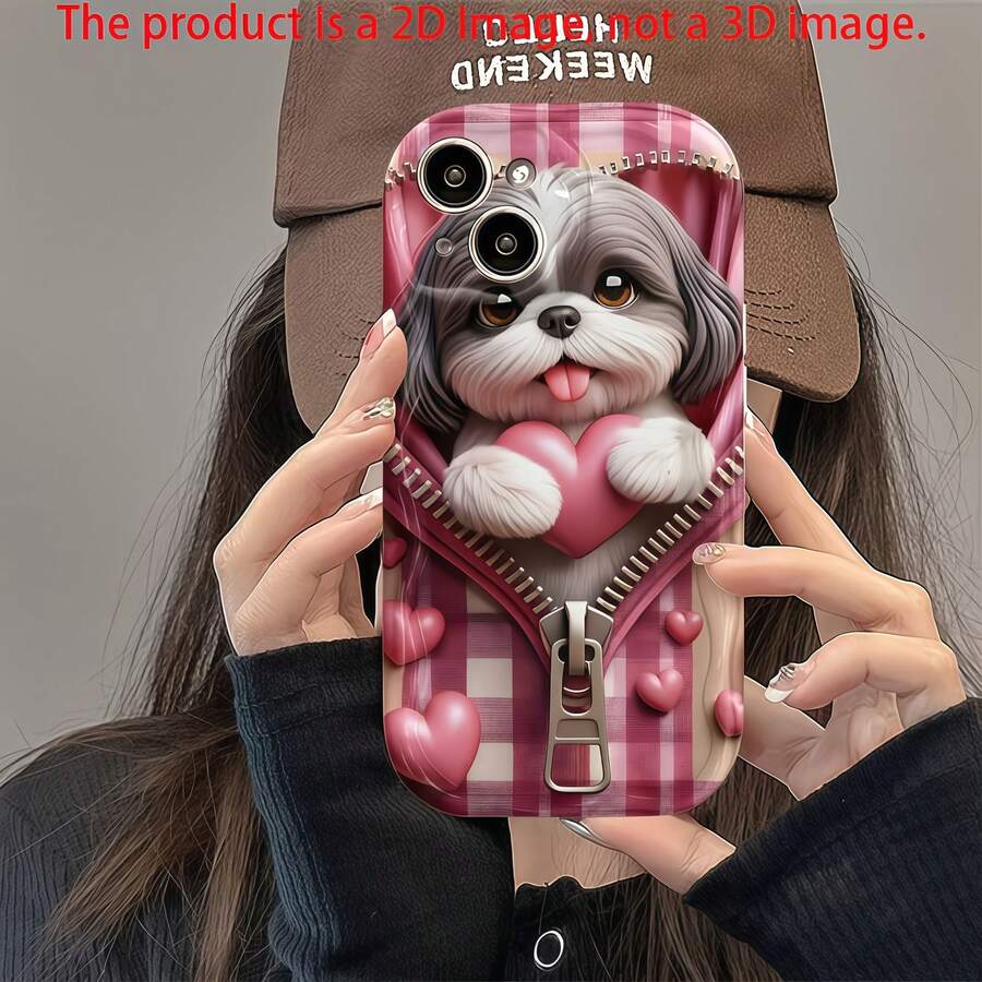 1 pieza Funda de teléfono con protección de pantalla de diseño de cachorro con cremallera, patrón de cuadros 2D lindo y borde ondulado, compatible con Apple 7/8/X/XR/XSMAX/11/12/13/14/15/16/17Promax, compatible con Samsung A14/A15/A16/A17/A04/A05/A06/A07/A54/A55/A56/A57/A34/A35A/36/A37/S26/S26Plus/S26Ultra, compatible con Transsion SMART7/8/9/10 - Blanco - Ver 1
