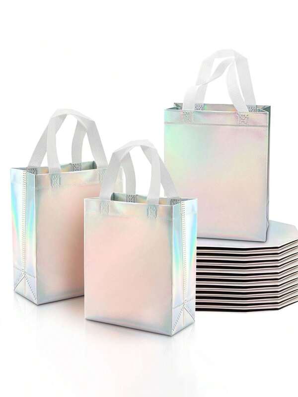 6-Piece/Set Colorful Holographic Gift Bags | Medium | Non-Woven Fabric | Event Gift Solution | Birthdays, Parties, Weddings, And Christmas | Rainbow Glitter Design | Sturdy Handle