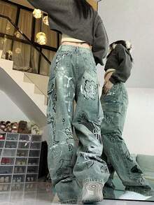 Celana Jeans Kargo Wanita Model Longgar Kasual dengan Motif Grafiti Acak untuk Musim Gugur - Biru - View 5