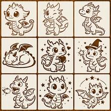 9pcs Dragon Pattern Hollow Stencils - 9pcs Set, Suitable For DIY Crafts, Scrapbooking, Greeting Card Making, Woodworking, Canvas Art | Fire-Breathing Dragon & Wizard Hat Dragon Design | Multi-Purpose Gift, Suitable For Christmas, Halloween, Wizard Theme - Cartoon Dragon Template - View 1