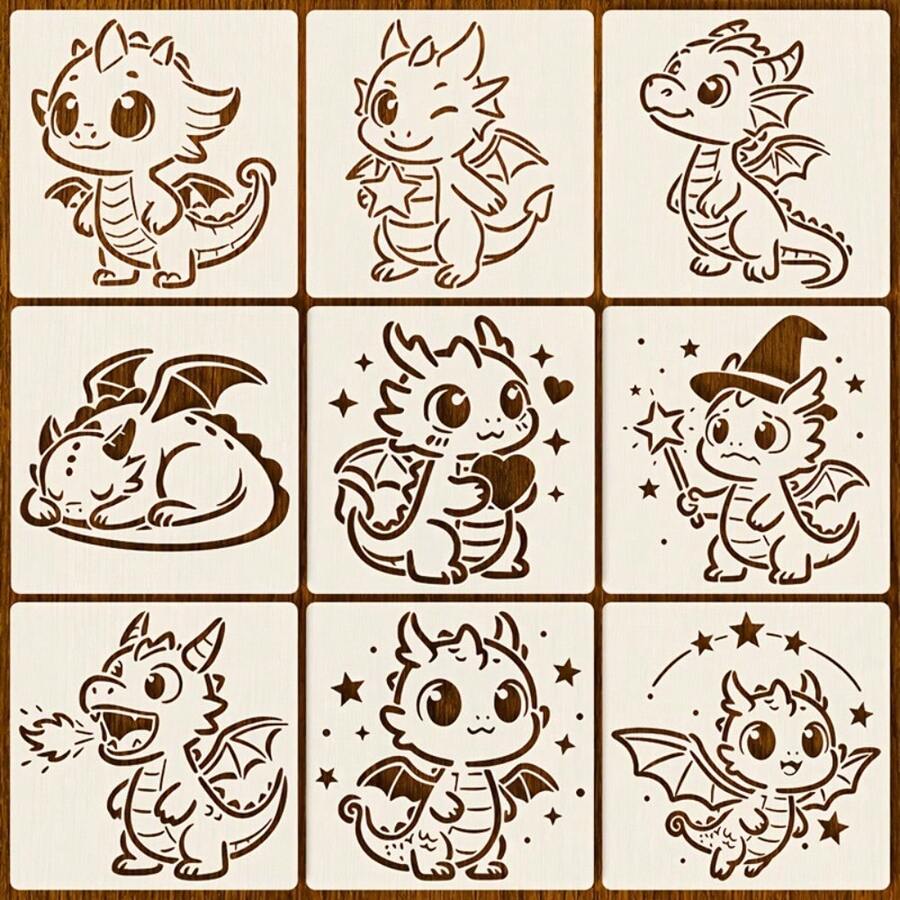 9pcs Dragon Pattern Hollow Stencils - 9pcs Set, Suitable For DIY Crafts, Scrapbooking, Greeting Card Making, Woodworking, Canvas Art | Fire-Breathing Dragon & Wizard Hat Dragon Design | Multi-Purpose Gift, Suitable For Christmas, Halloween, Wizard Theme - Cartoon Dragon Template - View 1