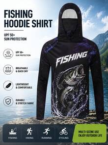 Kaos Memancing Pria Berkerudung Motif Ikan Bass, Lengan Panjang Cepat Kering, Bernapas, Perlindungan UV, Perlindungan Matahari, Kaos Olahraga Luar Ruangan Performa Tinggi - Hitam - View 1