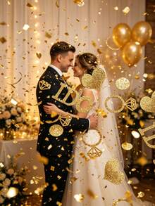 100/200件/組 金色亮粉婚禮紙屑，印有「I Do」文字、鑽戒圖案與心形圓片，適用於婚禮派對、求婚、新娘婚前派對、週年慶祝、桌面裝飾與拍照道具 - 金色 - 查看 7