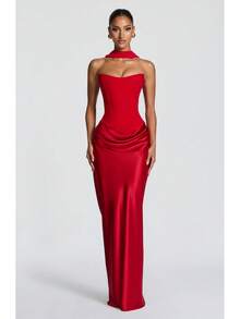 Women Satin Strapless Corset Maxi Dress, Detachable Choker Tie Sash Draped Waist Bodycon Mermaid Formal Evening GownSoft11147 - Red - View 5