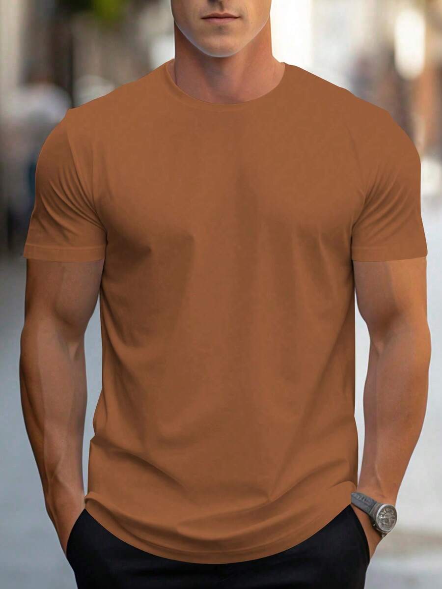 NEOREFINED Men's Casual Solid Color Round Neck Short Sleeve T-Shirt For Summer - 棕色 - 查看 1