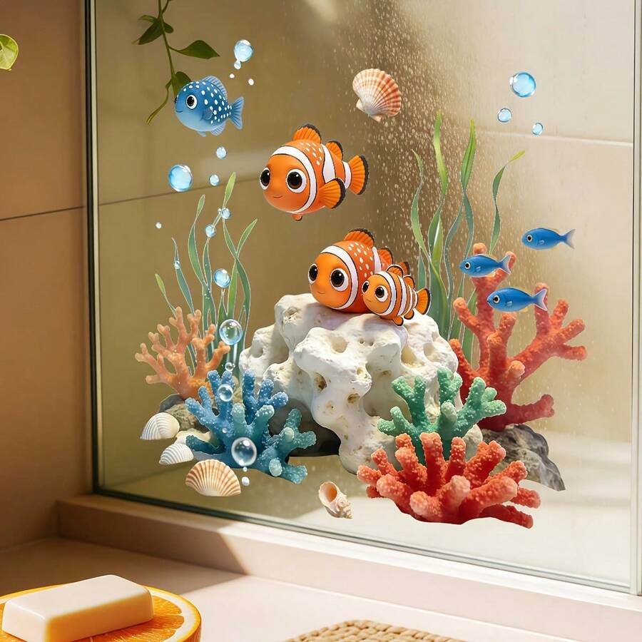 1pc, 39*40cm, 2D Flat Print Ocean Style Clownfish Coral Seaweed Shell Window Sticker Creative Self-Adhesive Removable PVC Glass Decal, Living Room Bedroom Dining Room Bathroom Door Window Glass Decoration Sticker - Multicolor - View 1