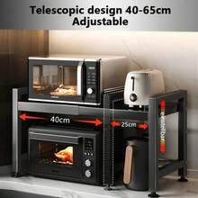 3/2-Story Kitchen Storage Rack With 6 Hooks, Expandable Microwave Rack, Microwave Storage Rack, High Load-Bearing Design, Rust Resistant And Durable, Suitable For Kitchen/Office/Storage Room, Expansion Range 40-64cm (Black), Standing Shelf - 黑色 - 查看 3