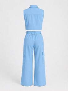 Conjunto Cargo Juvenil Feminino Colete Cropped sem Manga com Gola e Bolsos Frontais e Calça Pantalona Cargo Moda Fashion Adolescente Premium Estilosa Tam 12/14/16 - Azul claro - Visão 9