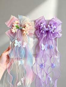 2pcs Girls Blue Bellflower Bow Ribbon Hair Clips, Non-Damaging Daily Wear Versatile Hair Accessories - Multicolor - View 6