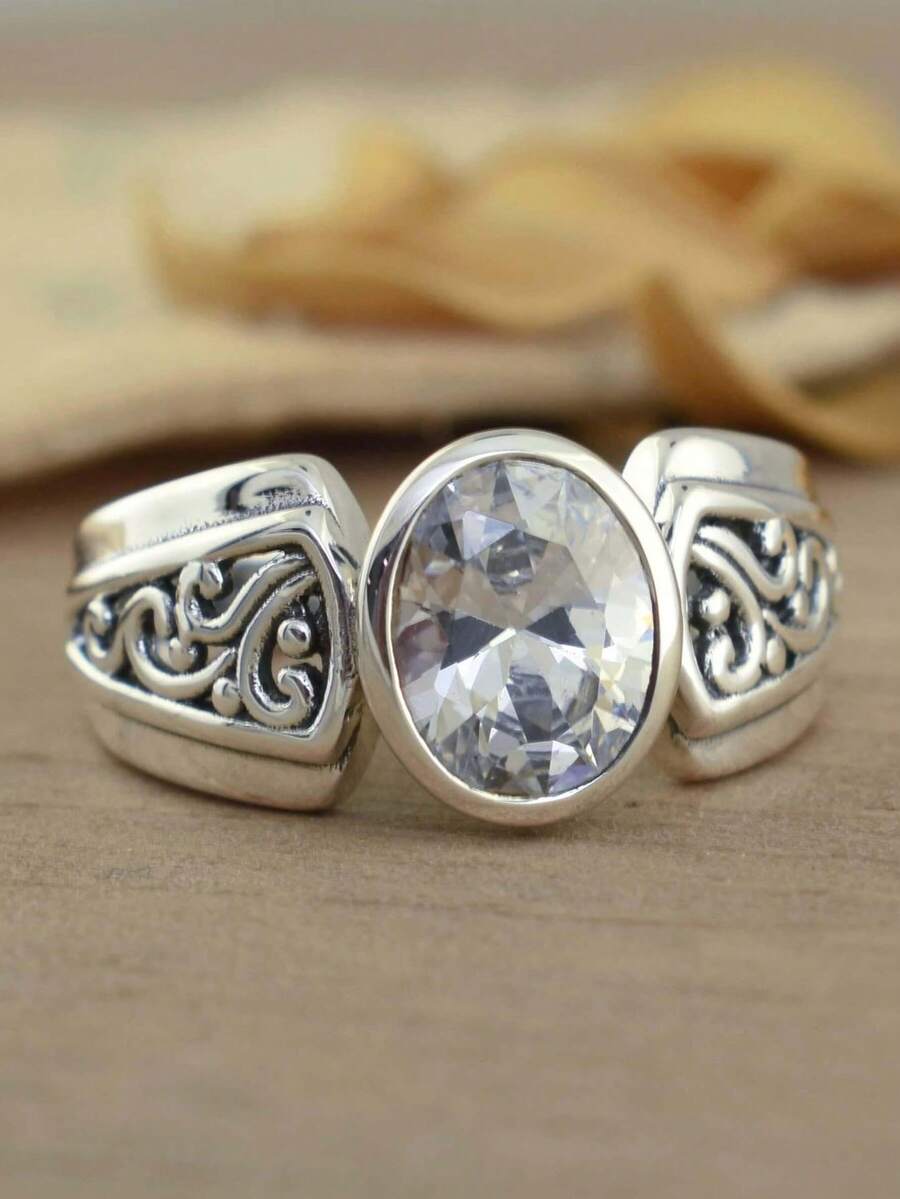 1pc Vintage Silver Wide Band Women's Ring, Oval Cut Cubic Zirconia Exaggerated Finger Jewelry, Retro Bohemian Style Cocktail Party Engagement Party Accessory Gift - Antique Silver - View 1