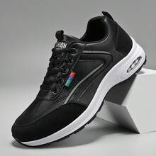 Men's Patchwork PU Leather Sneakers, Non-Slip Lace-Up Casual Sports Training Shoes, Suitable For Daily Outdoor Wear - Black - View 2