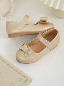 Zapatos de fiesta y cumpleaños para niñas con lazo dorado brillante y suela blanda - Dorado - Ver 1