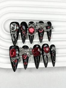 10pcs Baroque Style Dark Gothic Shiny Red Rhinestone Metal Bowknot False Nails, Removable And Reusable Nail Art Supplies (1pc Jelly Sticker + 1pc Nail File) Handmade Press On Nails - 黑色 - 查看 1