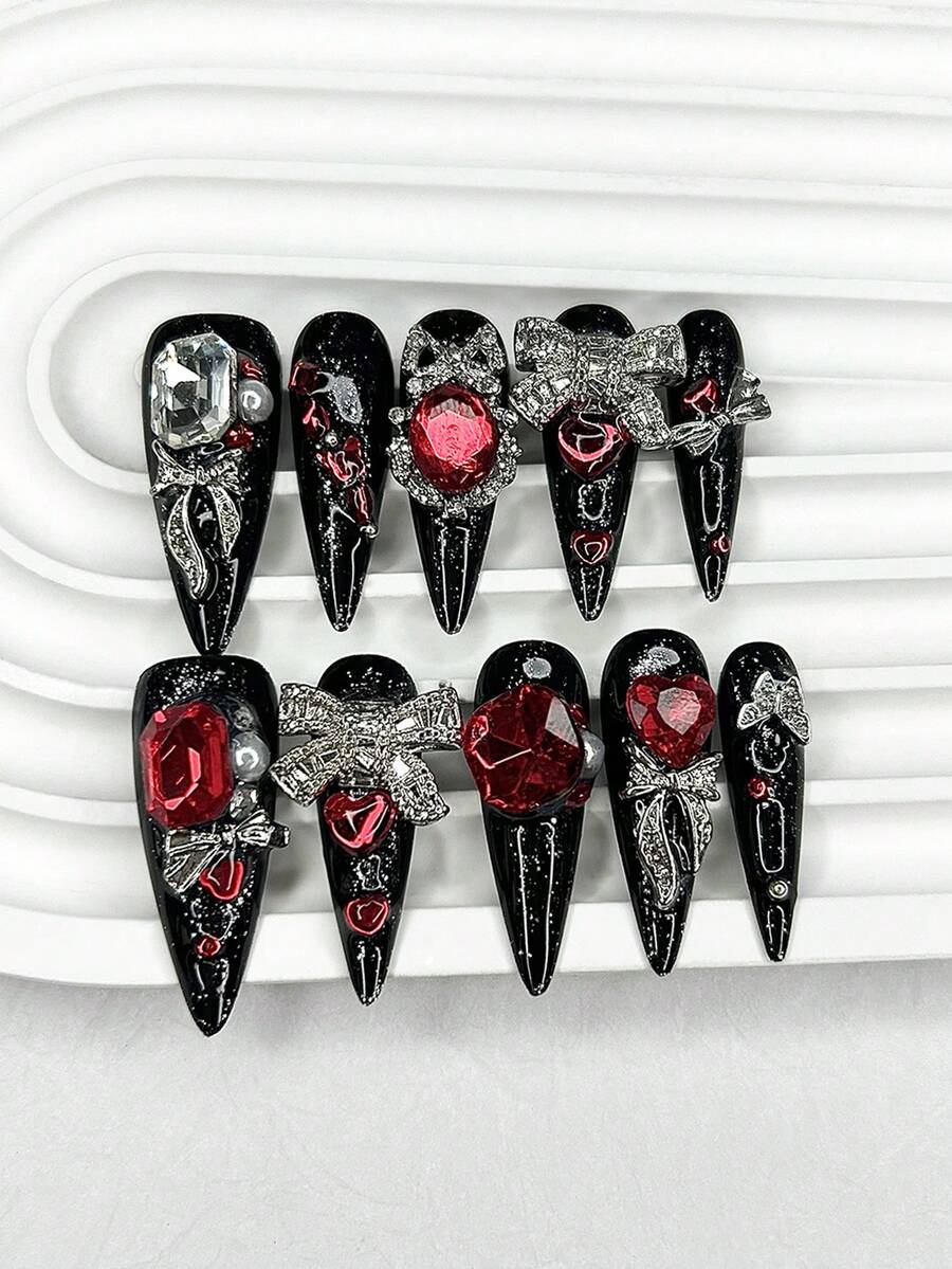 10pcs Baroque Style Dark Gothic Shiny Red Rhinestone Metal Bowknot False Nails, Removable And Reusable Nail Art Supplies (1pc Jelly Sticker + 1pc Nail File) Handmade Press On Nails - 黑色 - 查看 1