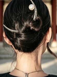 1pc Silver Women's Summer Bun Hair Pin, Investment Value Diamond Hair Stick, Ancient Style Crescent Moon Hairpin - Multicolor - View 2