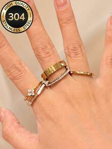 5pcs/Set Gold Stackable Fashionable Exquisite Ring Set, 18K Gold Plated 304 Stainless Steel, Rust-Proof Waterproof Hypoallergenic Delicate Lucky Stackable Jewelry, Birthday Valentine's Day Anniversary Gift For Her, Also Suitable For Daily Wear - Gold - View 4