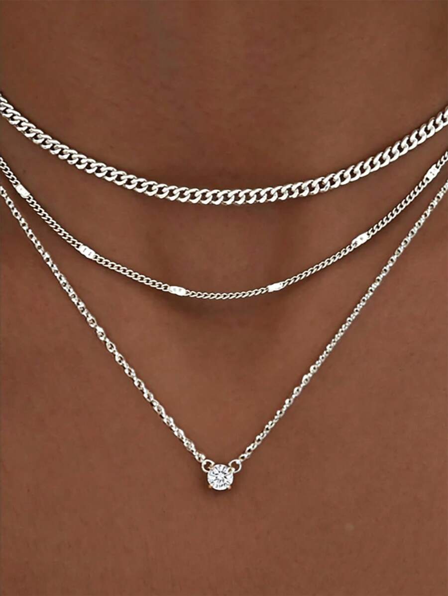 1pc 3-Layer Teen Layered Necklace, Cuban Chain + Thin + Round Single Crystal Pendant Stackable Collarbone Chain Minimalist Daily Jewelry Gift - Multicolor - View 1