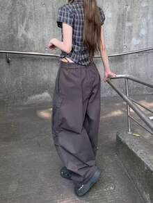 Loose Casual Solid Color Wide Leg Cargo Pants - Grey - View 3