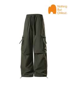 NBCT 女款黑色多口袋機能工裝長褲,大口袋設計,抽繩腰頭與褲腳,適合戶外徒步、露營、攀岩的多功能長褲 - 軍綠色 - 查看 3