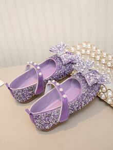 Girls' Pearl & Rhinestone Princess Shoes, Bow Decor Soft Sole Shoes, Spring Summer Autumn Casual Versatile Outfit - Purple - View 5