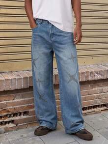 Vintage Silver Rhinestone Star Washed Blue Denim Jeans For Men, Retro Street Staggered Star Decor Draped Loose Fit Jeans, Suitable For Daily Commute And Streetwear, Low-Key Yet Distinctive - Blue - View 1