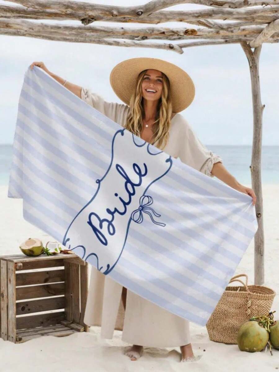 1pc Personalized Bride& Bridesmaid Beach Preppy Stripe Towel: Custom Bachel - Quick-Dry Microfiber Suitable For Pool, Beach, Spa With Your Own Photo/Logo/Text/Logo Printing, Machine Washable Gift For, Pets - Birthday, Christmas, Mother's Day Present - Multicolor - View 1