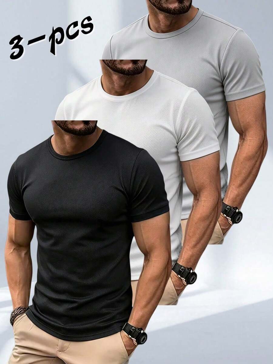 3-Pack Men's Quick-Drying Summer Sports T-Shirts - Multicolor Crew Neck Short Sleeve Breathable And Versatile Tops For Fitness & Running - 多色 4 - 查看 1