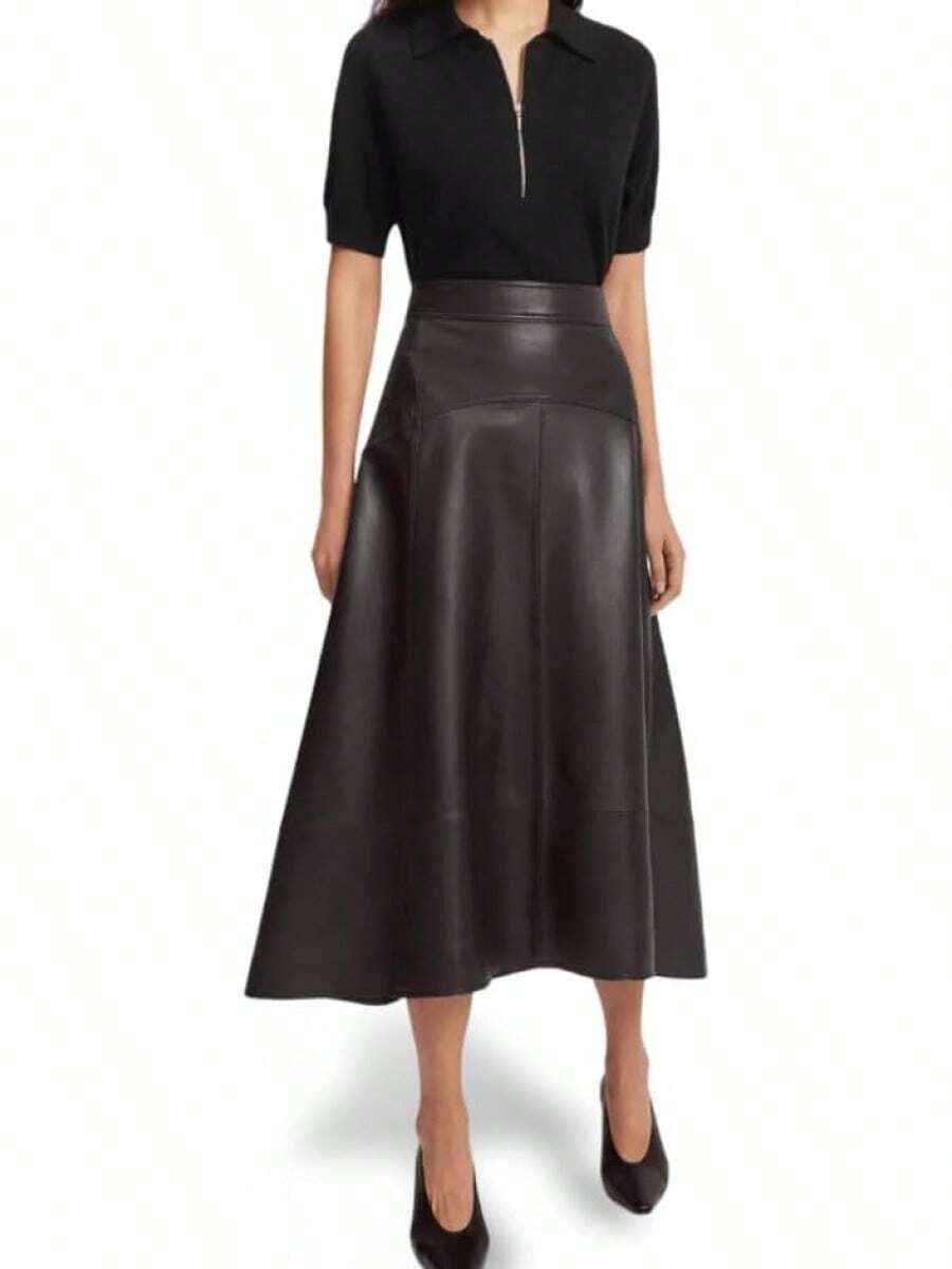 Jild - Faldas de piel de cordero real para mujer, cintura alta, clásica, longitud media, con elegante patchwork - Marrón - Ver 1