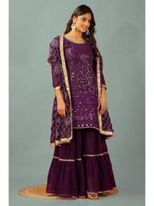 Beautiful Chinnon Punjabi Style Sharara Suit Women Ready To Wear Salwar Kameez With Dupatta - Multicolor - View 3