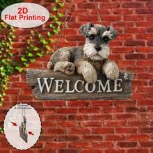 2D flaches 1 Stück Schnauzer Welpe Vintage Holz Willkommensschild, Hund Muster, Innen-/Außenwanddekoration, Haustierliebhaber Geschenk, wasserdicht und langanhaltend - Khaki - Übersicht 4