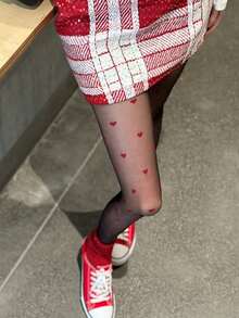 1 Pair Women's High Waist Heart Pattern Pantyhose, Sexy Ultra-Thin Red Heart Design, Elastic Polyester Knit Fabric, Fashionable Versatile Daily Wear - Multicolor - View 3