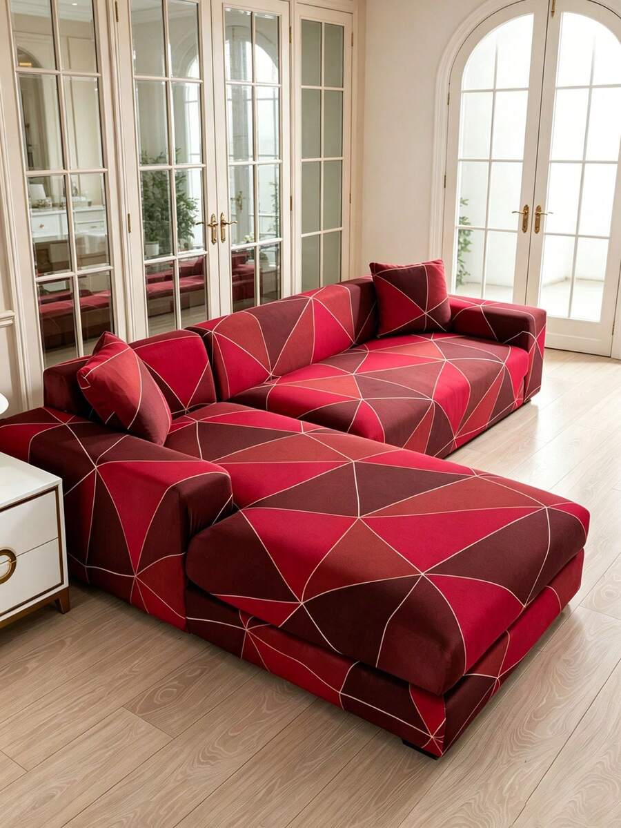 1pc Geometric Pattern Printed Sofa Cover, Dust-Proof & Stain-Resistant, Elastic One-Piece Full Coverage Sofa Protector, Living Room Home Decor, 1/2/3/4 Seater Sofa Decoration, All Season Use, Holiday Decor, Machine Washable, Pillowcase Not Included - Red - View 1