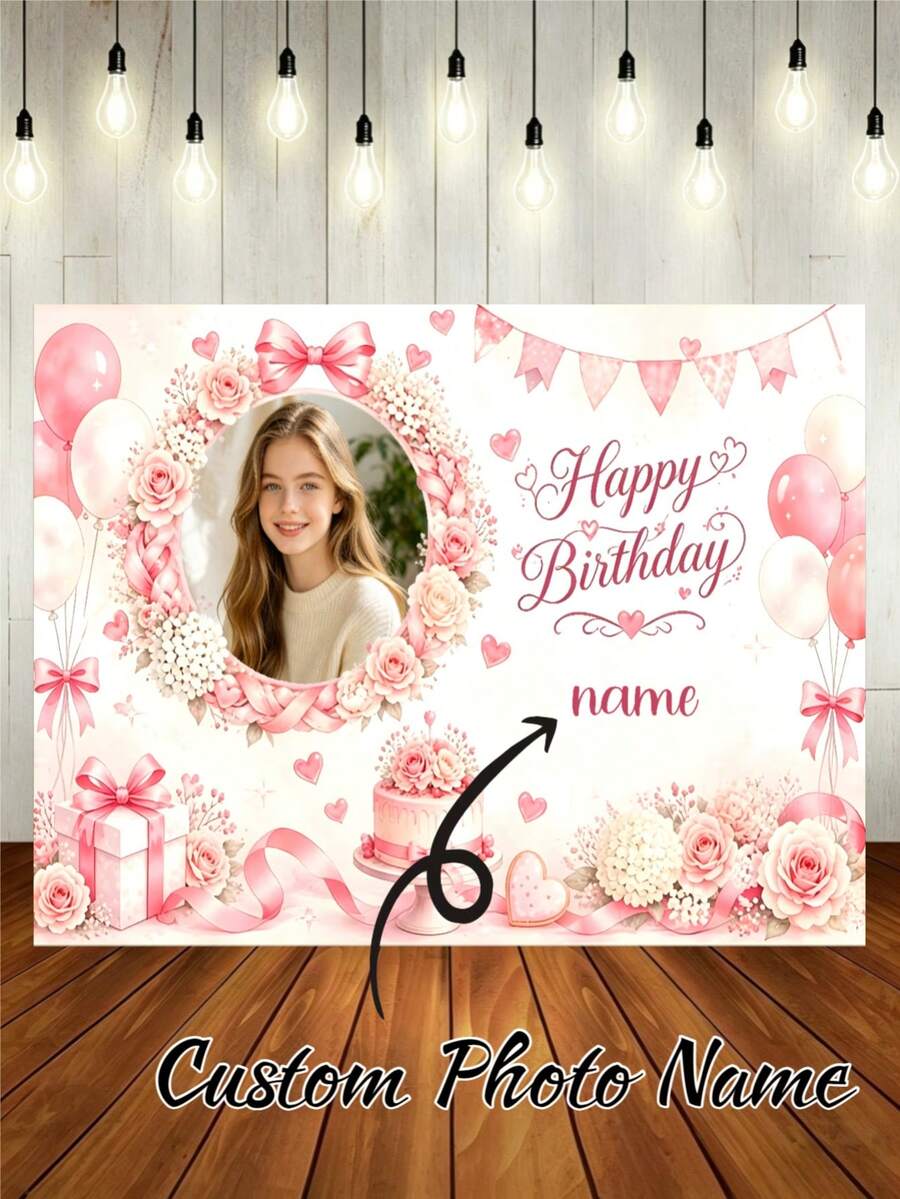 可客製化姓名與照片派對橫幅,粉色可愛蝴蝶結生日快樂背景配愛心、粉色與白色氣球、花卉旗幟、生日蛋糕圖案裝飾,適合生日派對、攝影背景,耐用乙烯基材質 - C款 - 查看 1