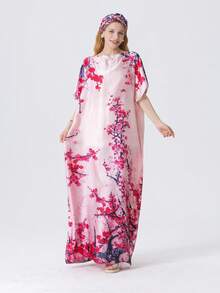 1pc Women's Floral Print Silk-Like Robe Shawl With Small Scarf Set, Outerwear Decoration, Beach Sun Protection, Windproof, Sunscreen, Daily Wear - Multicolor - View 2