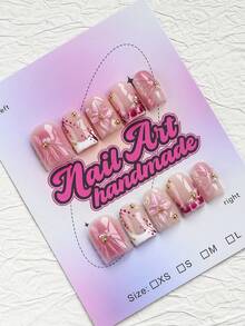 10 Peças/Conjunto Unhas Postiças Quadradas Pontiagudas Feitas à Mão, Estilo Y2K Baddie, Disponíveis em Nude, Marrom, Rosa, com Designs de Ponta Francesa, Estampa de Leopardo, Borboleta, Entalhado e Floral, Adequadas para Festas, Bailes, Uso Diário, Acompanha Conjunto de Ferramentas, Presente Perfeito para Mulheres e Meninas Unhas Postiças Feitas à Mão - Castanho - Visão 2