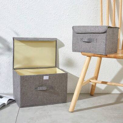1pc Washable Linen Foldable CD Storage Box, Collapsible Storage Bin With Lid, Toy Organizer Basket, Laundry Basket