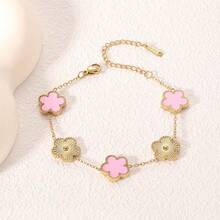 1 pieza Pulsera de acero inoxidable con flor de cinco pétalos de nácar, joyería con baño al vacío que no se desvanece - Multicolor - Ver 6