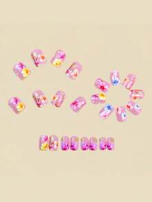 24pcs Stylish Luxurious Soft Pink Floral Medium Length European & American Square Press-On Nails, Easy To Stick, Long Lasting, Gentle On Natural Nails, Reusable False Nails - Multicolor - View 2