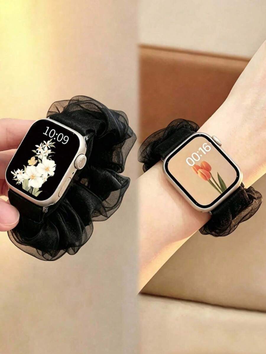可愛蝴蝶結彈性髮圈錶帶,適用 9 8 7 6 5 4 3 2 SE Ultra,韓系女士軟質錶帶,適用 41mm 49mm 45mm 42mm 40mm 38mm - 黑色 - 查看 1