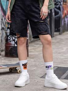 5 Pairs Random Assorted Unisex Black & White Graffiti Pattern Comfortable Skin-Friendly Durable Breathable Street Style Mid-Calf Socks For Home, Daily Wear And Outdoor Sports - Multicolor - View 6