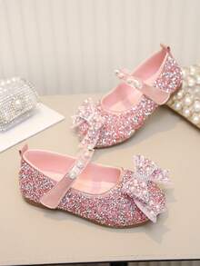 Zapatos planos de princesa para niñas con decoración de lazo de perlas & strass, elegantes & versátiles para primavera, verano, otoño - Rosa - Ver 4