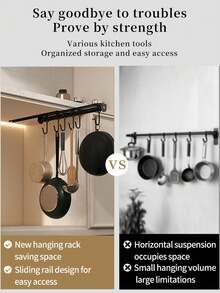 1pc Sliding Pot Rack (With Hooks) - No-Drill Hanging Storage Organizer For Pots, Pans, And Kitchen Utensils; Wall Mounted & Under Cabinet Utensil Holder With 6 Hooks, Bathroom & Home Organization, Utility Hooks - Multicolor - View 3