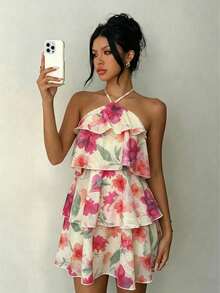 Vestido elegante de verano con estampado floral, cuello halter y volantes en el bajo para mujer - Naranja Coral - Ver 1