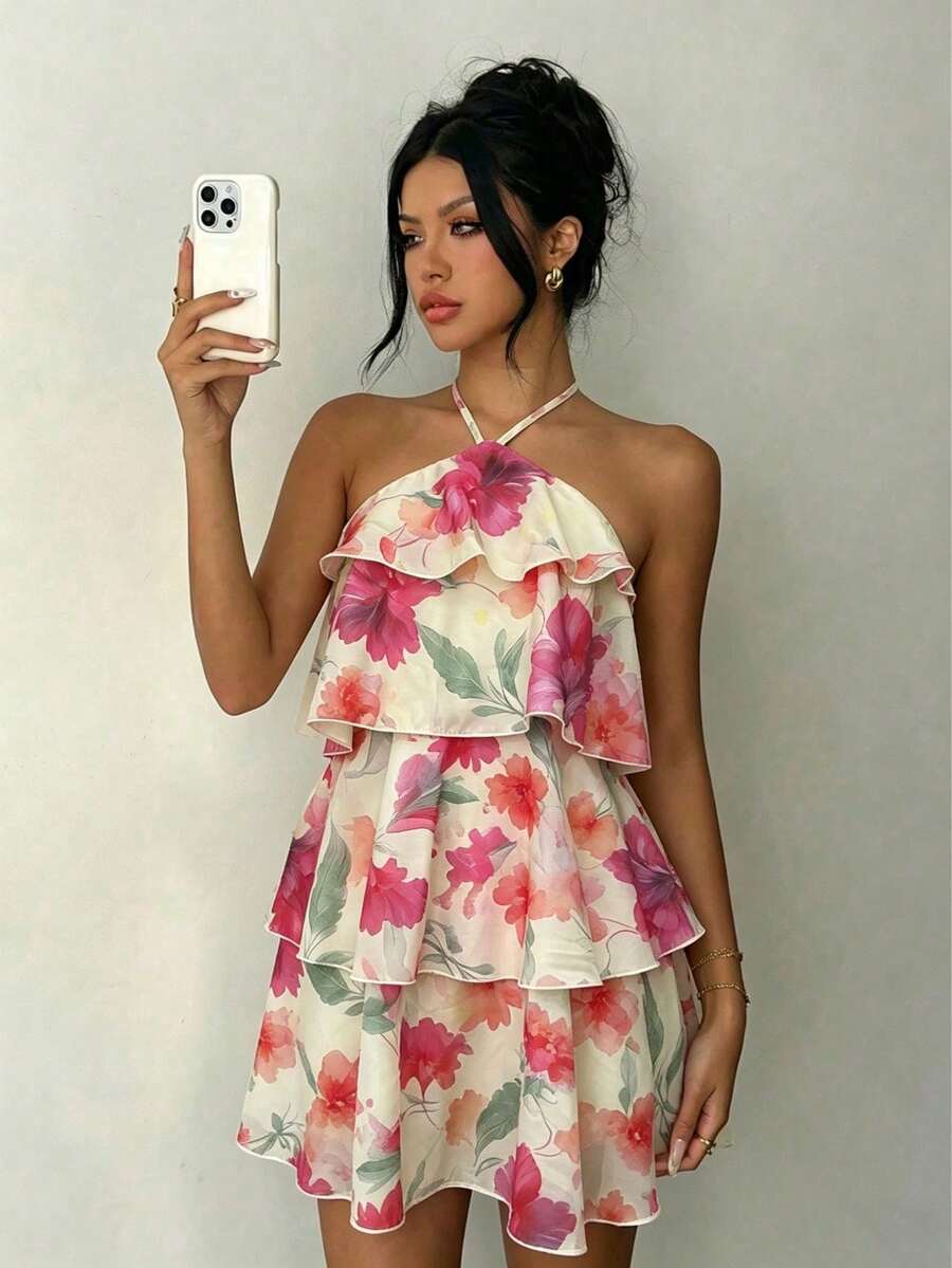 Vestido elegante de verano con estampado floral, cuello halter y volantes en el bajo para mujer - Naranja Coral - Ver 1