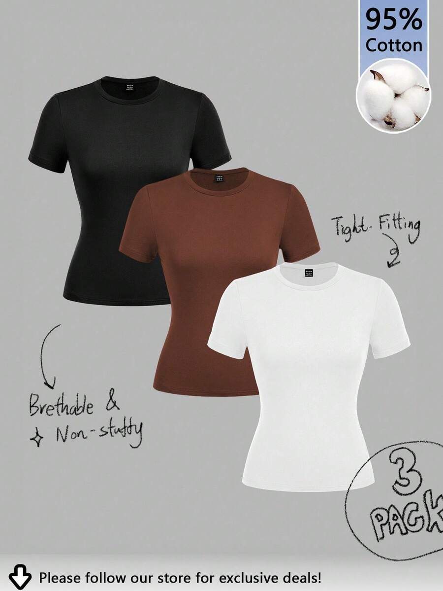 Set Of 3 Slim-Fit Long-Sleeved T-Shirts With Round Neck, 95% Cotton, Minimalist And Casual Style For Women - 多色 4 - 查看 1
