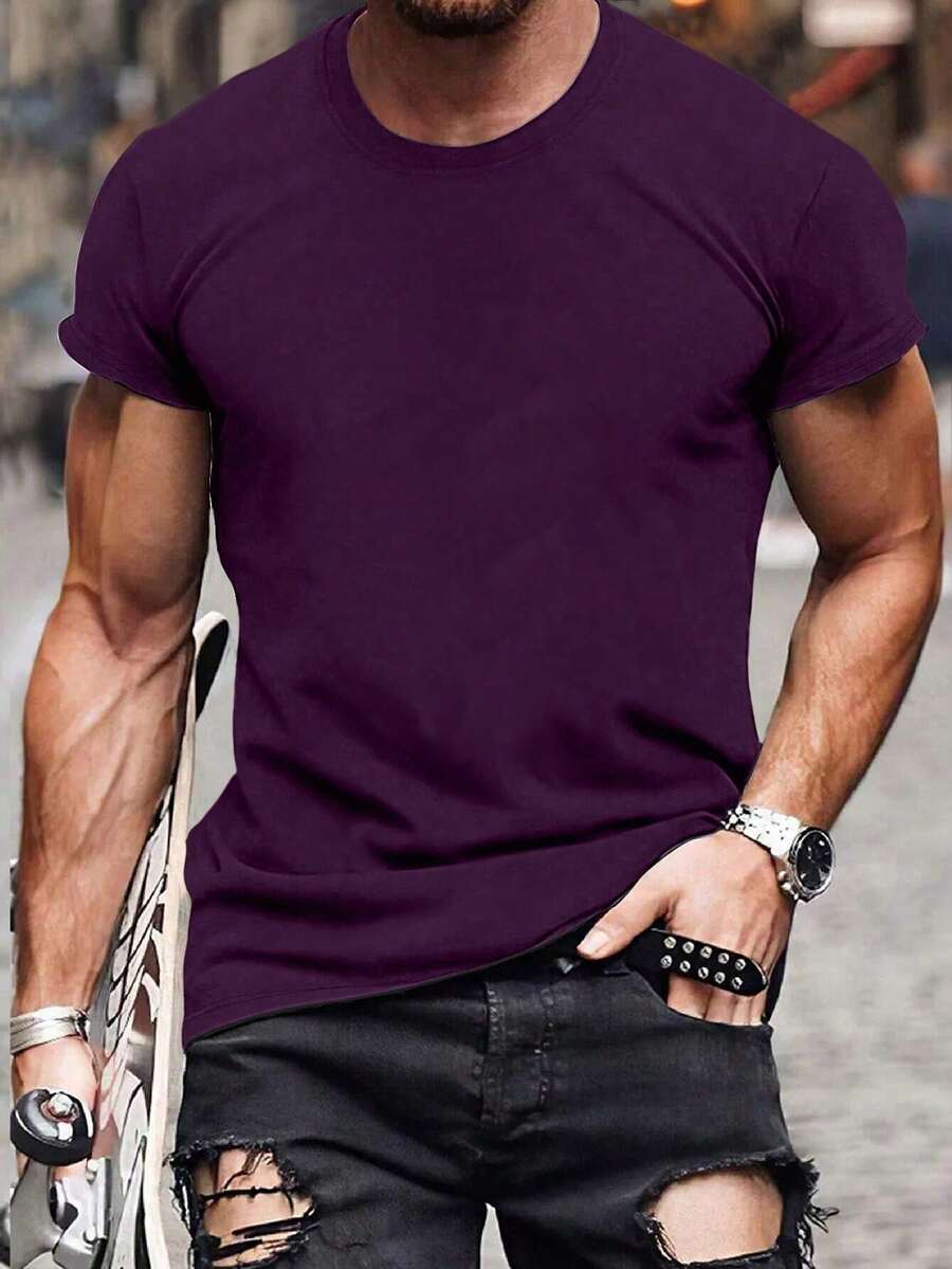 NEOREFINED Men's Casual Solid Color Round Neck Short Sleeve T-Shirt For Summer - 紫色 - 查看 1
