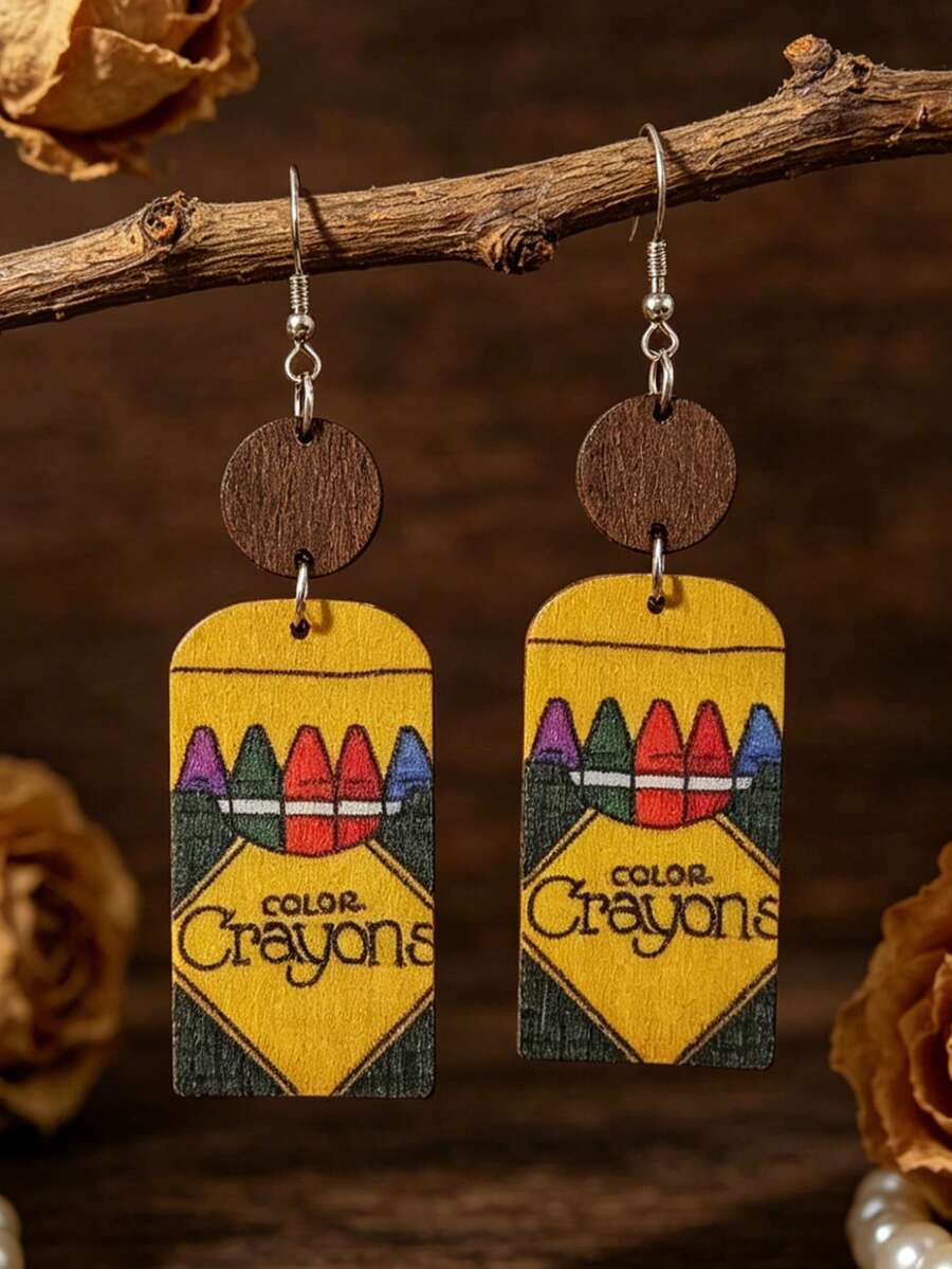 1 Pair Campus Style Letter Crayon Box Wooden Ear Hooks, Back To School ...